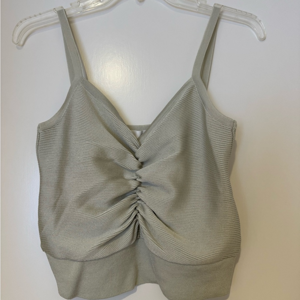 Moussy Sage Green Ribbed Twist-Front Cami with metallic sheen